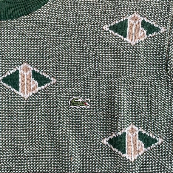 Lacoste Monogram Jacquard Logo Crewneck Sweater Green Paris Preppy Heritage XL - Picture 4 of 7